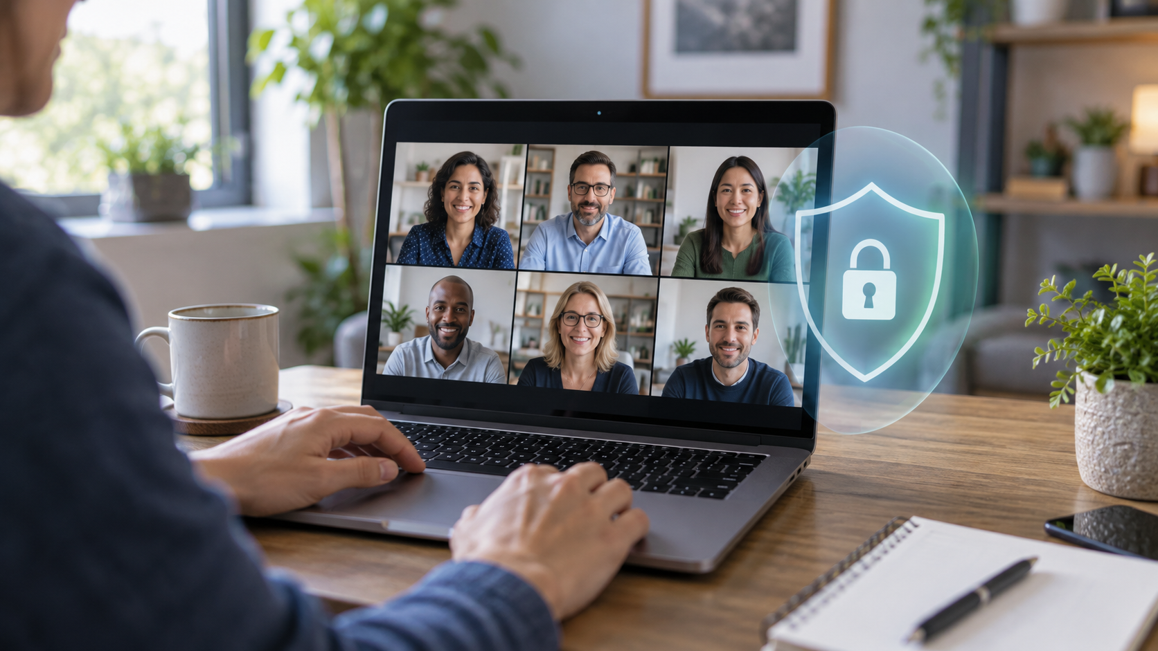Videoconferencia desde casa con un símbolo de protección digital