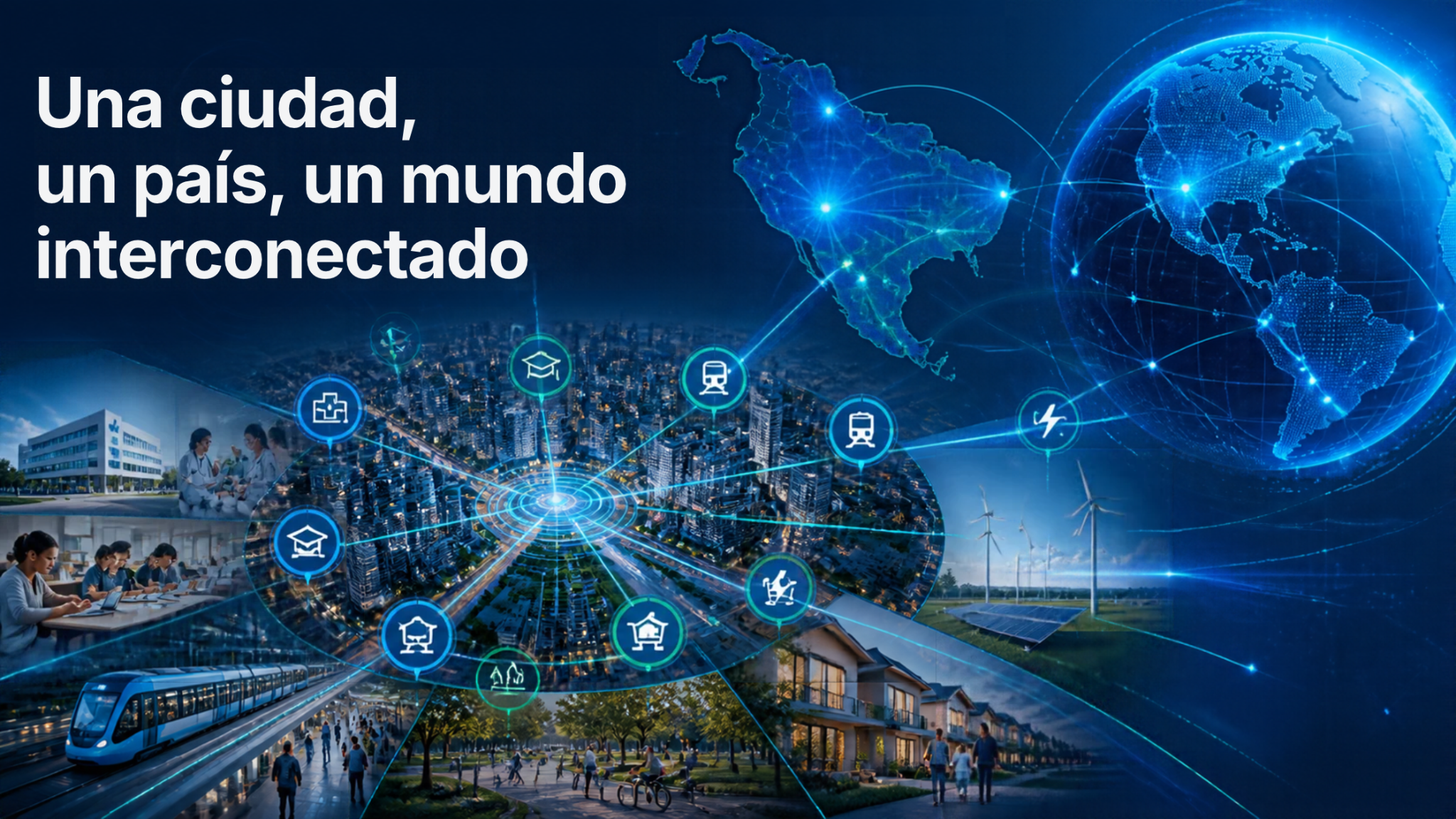 Ilustración de un mundo interconectado con redes que enlazan ciudades, educación, salud, transporte y energía